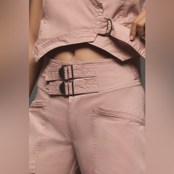 By Anthropologie Linen Buckle-Front Barrel Pants Size 10 - Picture 2 of 5